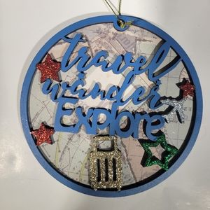 Holiday Lane World Traveler Round Paper Travel, Wander, Explore Glitter Ornament
